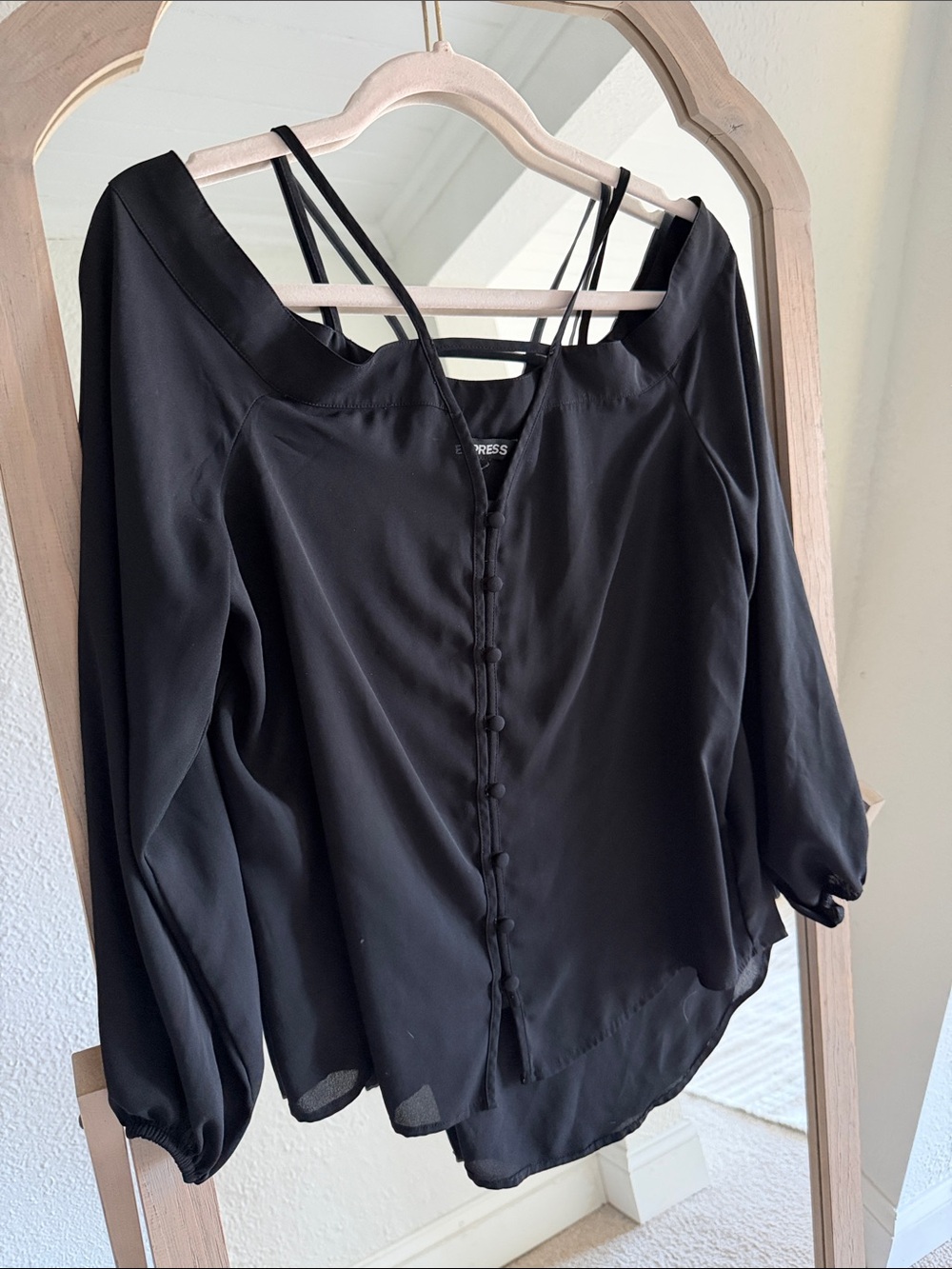 Express Black Button-Front cold shoulder Long Sleeve Blouse